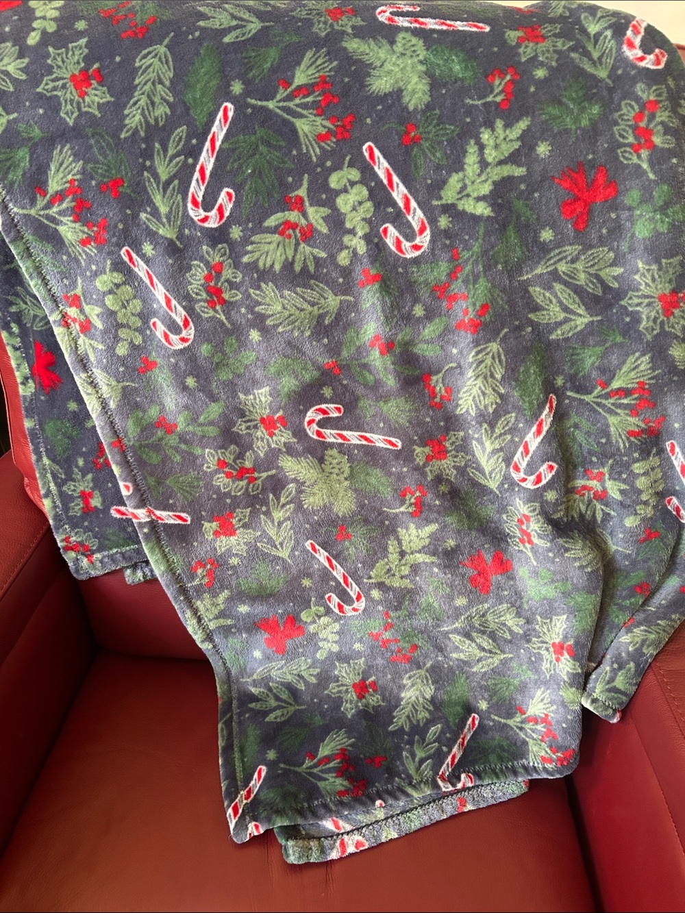 Festive Candy Cane Fleece Throw Blanket - Navy with Red & Green Print